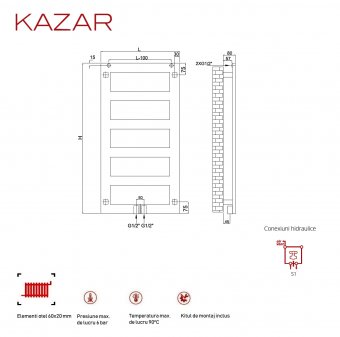 Radiator baie portprosop decorativ colorat 500/1500 mm KAZAR (include kit de instalare) - imagine 5